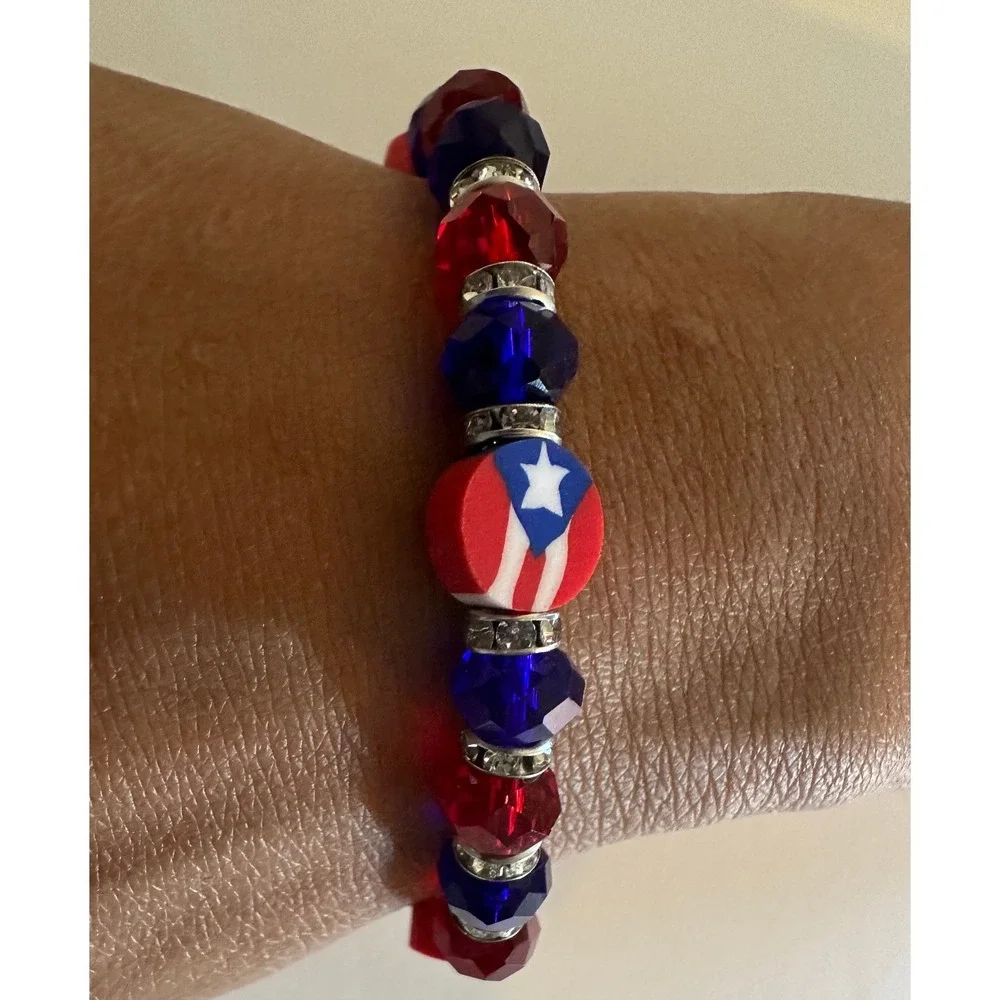 Puerto Rico Flag Beaded Elastic Stretch Bracelet Red Blue Bangle Jewelry